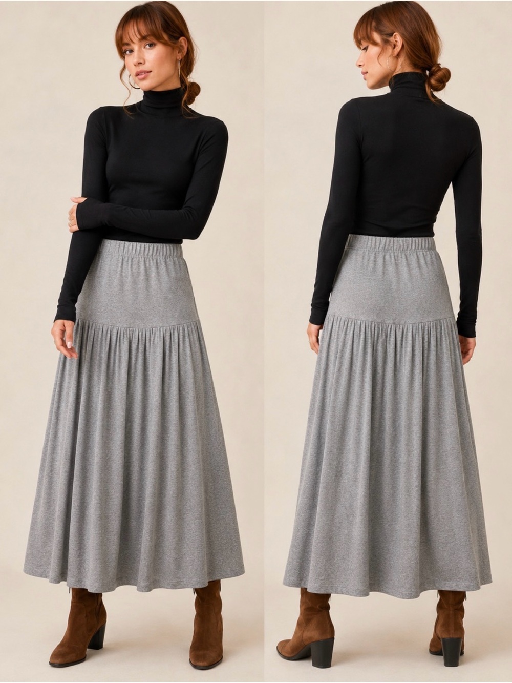 Vintage Heather Grey Pleated Midi Skirt S/M Elastic Waist